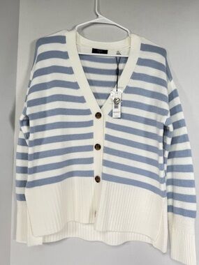 T-Tahari Women’s Blue & White Striped V-Neck Cardigan